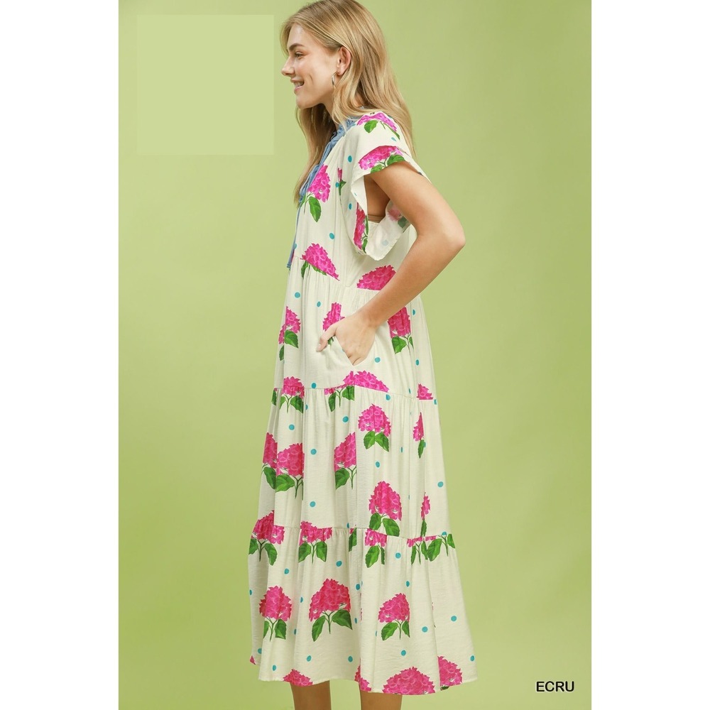 Umgee Hydrangea Print Tiered Midi Dress - Ecru - Medium - Picture 3 of 5